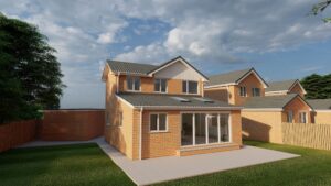 Brick, single storey rear extension with pitched roof and second storey side extension with pitched roof.