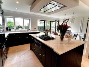 Kitchen Island with gas hob and ceiling mounted extractor fan