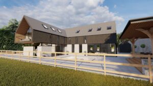 Modern stone masonry and black timber facade bespoke home with feature corner glazing and sunken outdoor seating area.