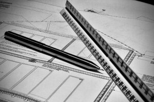 Technical drawing, scale ruler and pencil