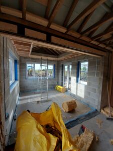 Vaulted pitched roof timber work.